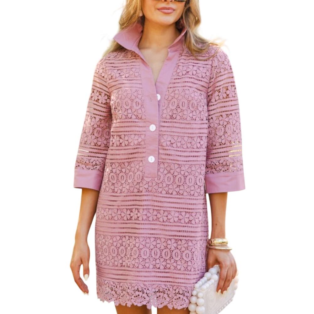 Fate NWT Cotton Blend Mauve Pink Lace 3/4 Sleeve Collared Buttons Shift Dress